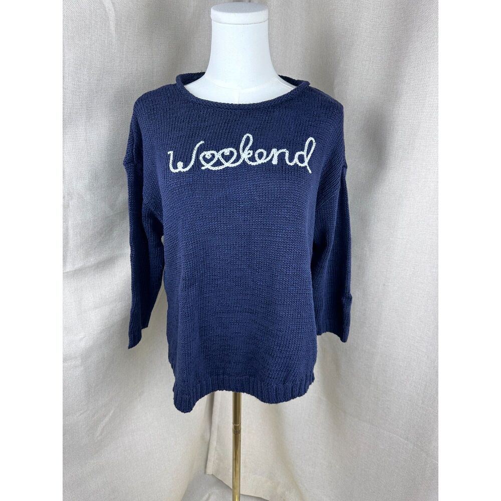 Talbots Petite Womens LP Navy Blue Weekend Script Embroidered Knit Sweater